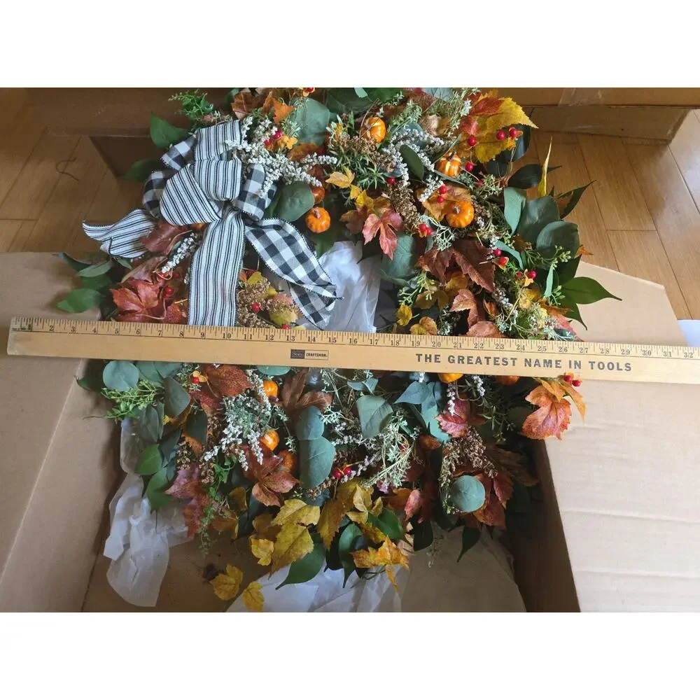 Handmade Autumn Fall Farmhouse Pumpkin Wreath Leaves Buffalo Plaid 26